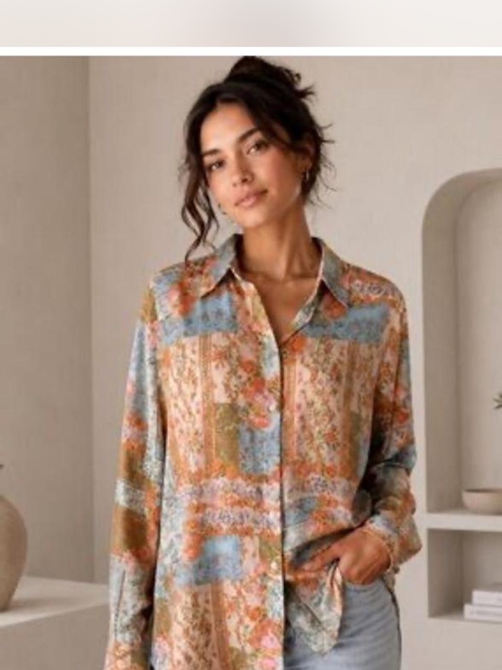 Rose & Olive Multicolor Patchwork Floral Button-Up Blouse